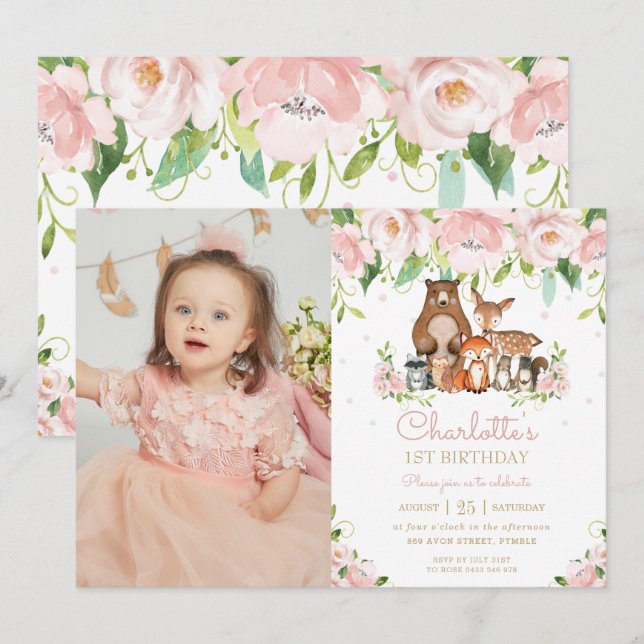 Invitation Bois Animaux Blush Floral 1er Anniversaire Photo (Devant / Derrière)