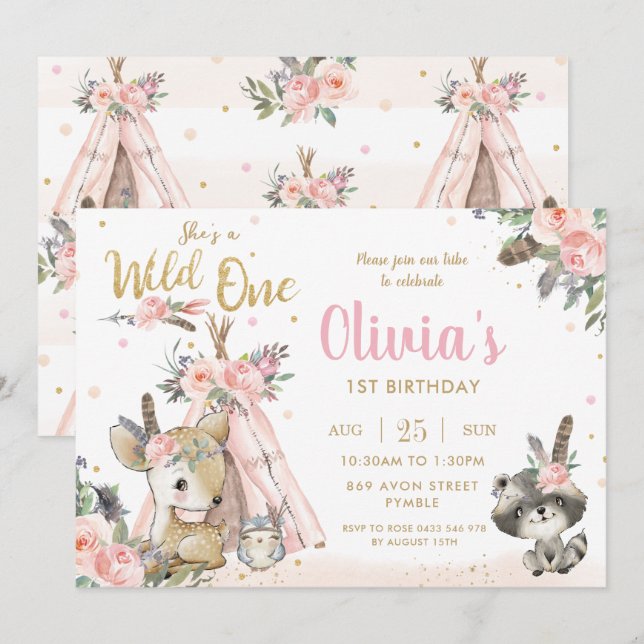 Invitation Bois Animaux Boho Tribal Wild Un 1er anniversaire (Devant / Derrière)