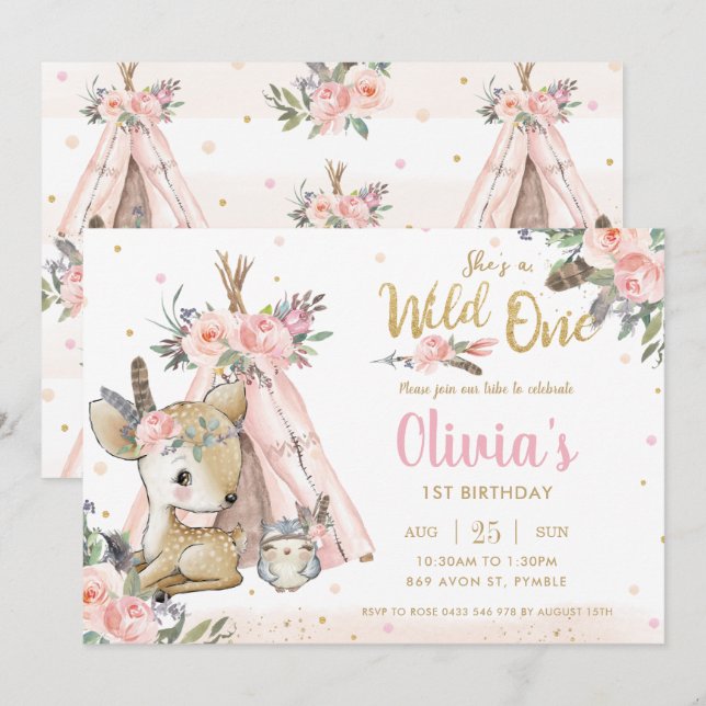Invitation Bois Animaux Boho Tribal Wild Un 1er anniversaire (Devant / Derrière)