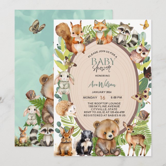 Invitation bois animaux bois bois bois bois baby shower en tr (Devant / Derrière)