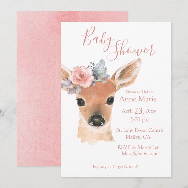 Invitation Bois Animaux Cerfs Rustiques Aquarelle Bébé (Devant / Derrière)