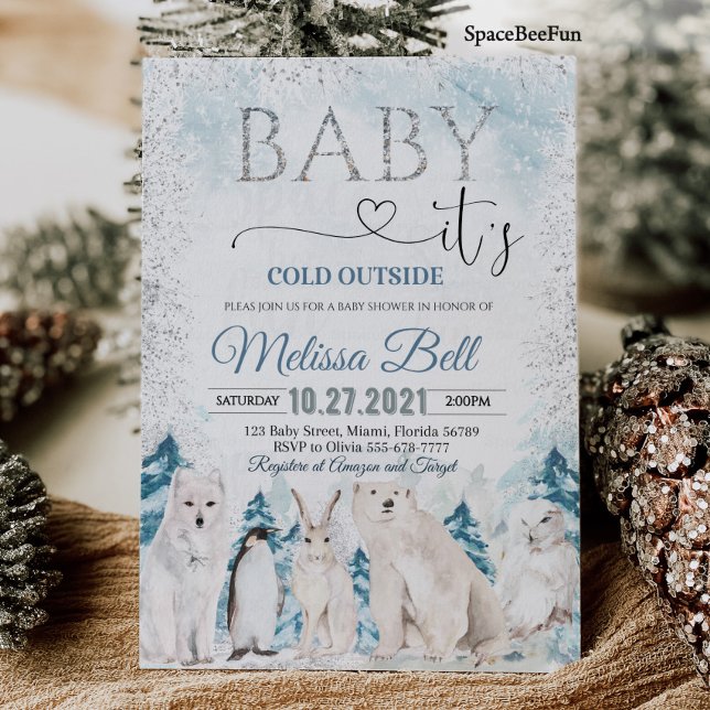 Invitation Bois Animaux de l'Arctique baby shower d'hiver (Woodland animal Arctic animals Winter baby shower invitation Baby it's cold outside )