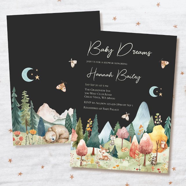 Invitation Bois Animaux de nuit Forêt Baby shower (Baby shower invitation with woodland night scene and sleeping animals.)