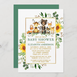Invitation Bois Animaux Fleurs de soleil Baby shower d'or ver