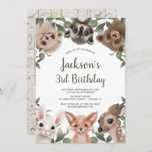 Invitation Bois animaux forêt amis garçon fête d'anniversaire (Devant / Derrière)
