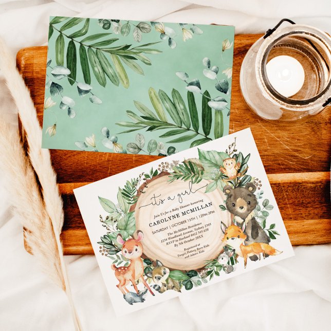 Invitation Bois Animaux Forêt Verdure Baby shower fille (Créateur téléchargé)