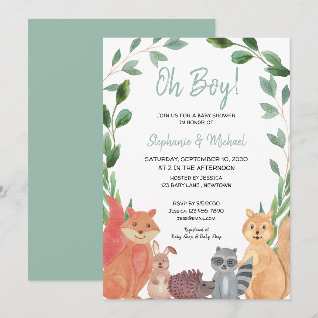 Invitation Bois Animaux Oh Boy Couples Baby shower (Devant / Derrière)