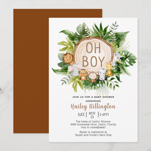 Invitation Bois Animaux Oh Garçon Baby shower aquarelle (Devant / Derrière)