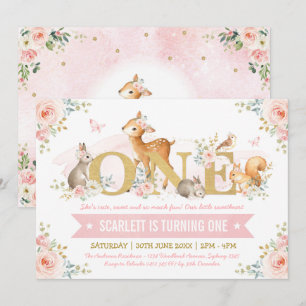 Invitation Bois Animaux Or rose Floral 1er anniversaire