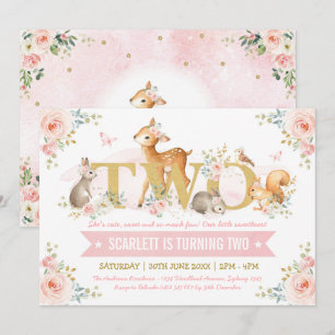 Invitation Bois Animaux Or rose Floral 2e anniversaire