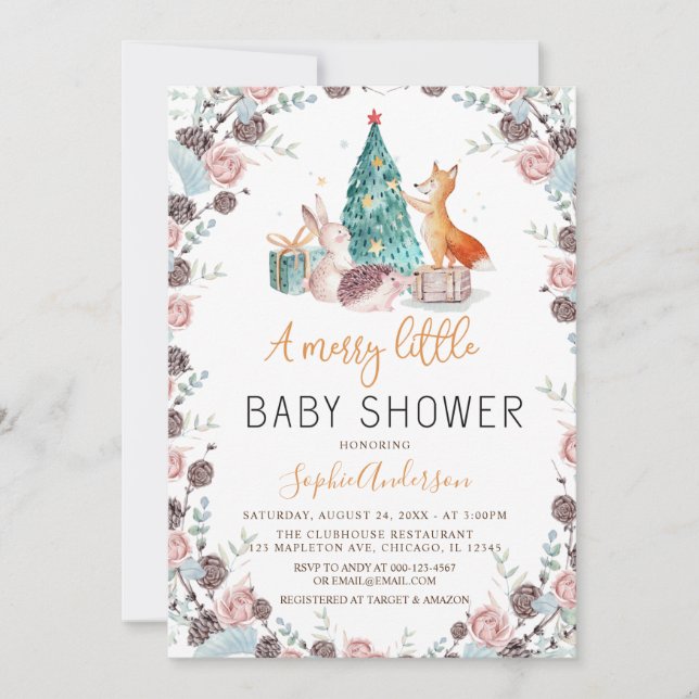 Invitation Bois Animaux Pins Baby shower de Noël (Devant)
