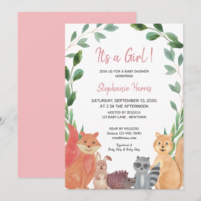 Invitation Bois Animaux rose bébé Baby shower fille (Devant / Derrière)