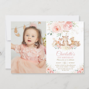 Invitation Bois Animaux Rose Floral 1er anniversaire Photo