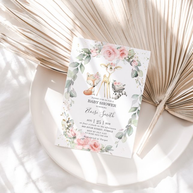 Invitation Bois Animaux Rose Floral Baby shower (Créateur téléchargé)