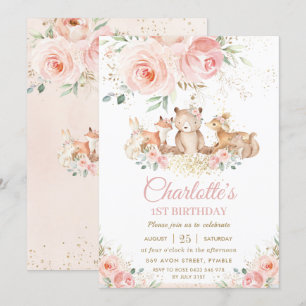 Invitation Bois Animaux Rose Floral Gold Girl Anniversaire 