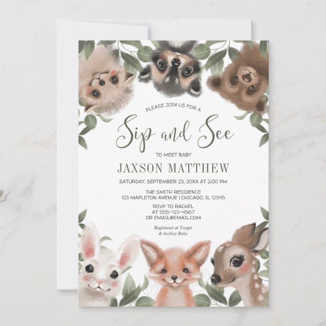 Invitation Bois animaux Siroter et voir rencontrer bébé garço (Devant)