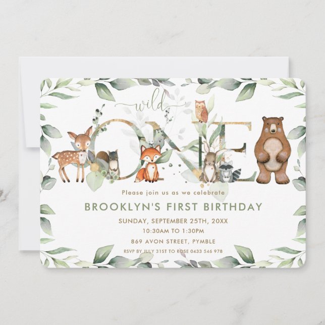 Invitation Bois Animaux Végétation 1er Anniversaire Sauvage U (Devant)