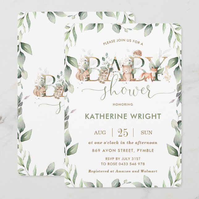 Invitation Bois Animaux Végétation Baby shower Garçon Fille (Devant / Derrière)