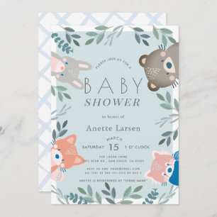 Invitation Bois Animaux Végétation Bleu Baby shower garçon