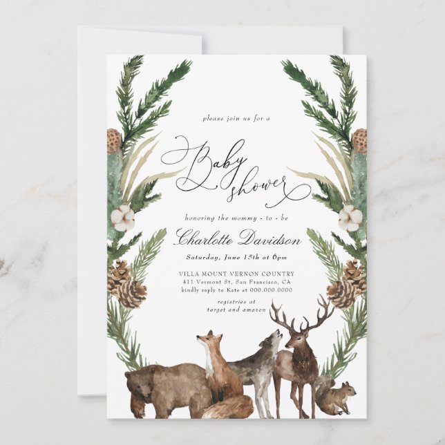 Invitation Bois Animaux Végétation Boy Baby shower (Devant)