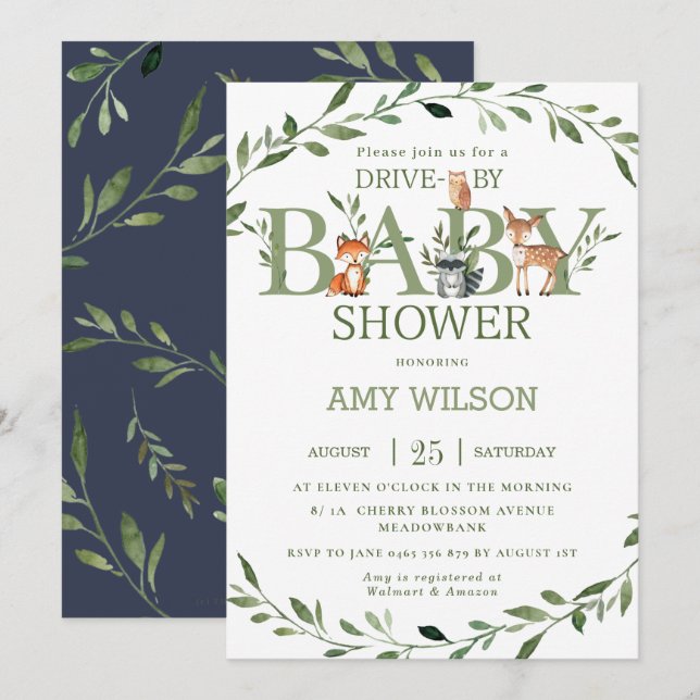 Invitation Bois Animaux Végétation Conduite Par Baby shower (Devant / Derrière)