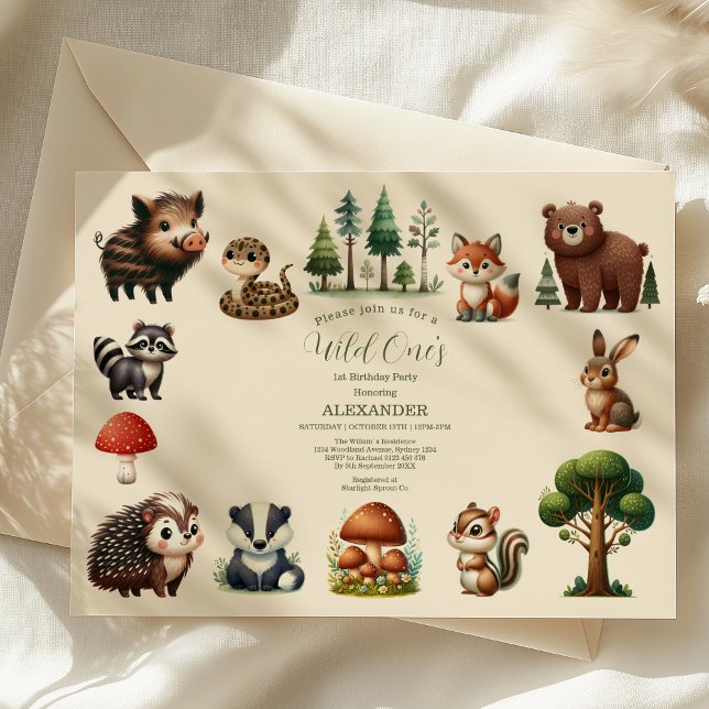 Invitation Bois Animaux Végétation Sauvage Un 1er Anniversair (Créateur téléchargé)