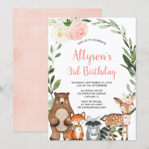 Invitation Bois animaux verdure fleurs filles anniversaire
