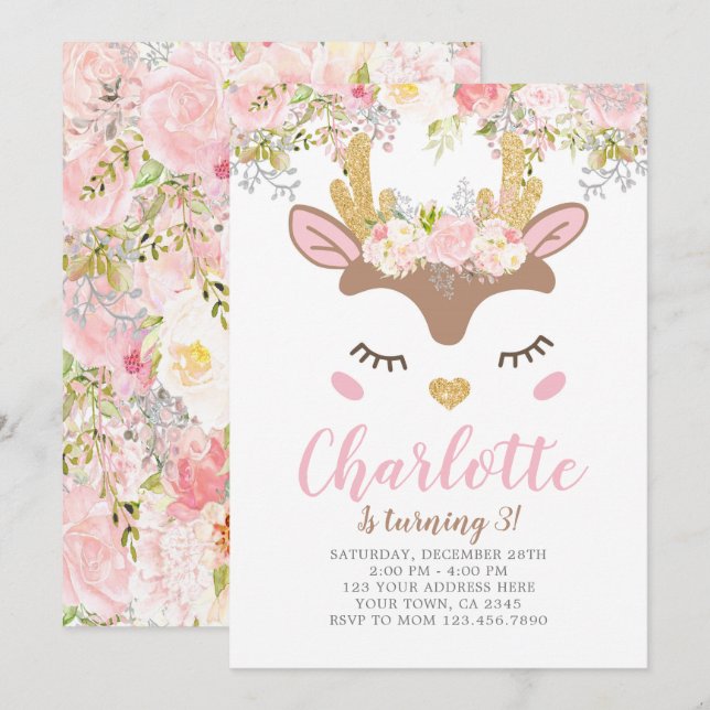 Invitation Bois, Anniversaire des Cerfs Floraux (Devant / Derrière)