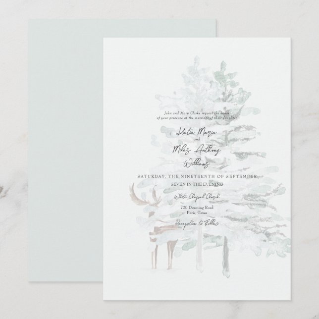 Invitation Bois Aquarelle Arbres et Mariage de cerfs (Devant / Derrière)