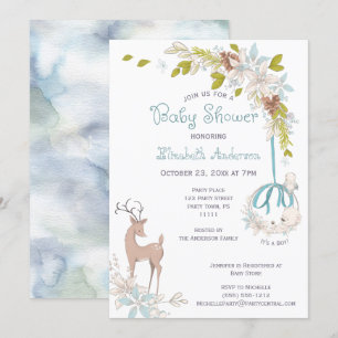 Invitation Bois Aquarelle Baby shower Floral Garçon