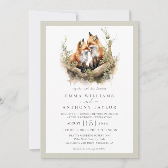 Invitation Bois aquarelle Fox Couple Mariage (Devant)