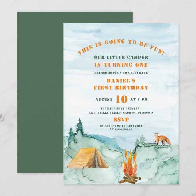 Invitation Bois Aquarelle Petit Camper Premier Anniversaire (Devant / Derrière)