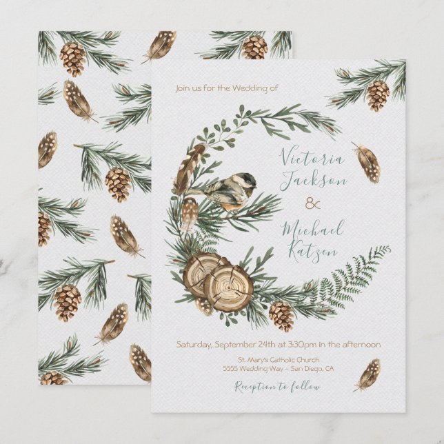 Invitation Bois Aquarelle rustique Mariage de couronne (Devant / Derrière)