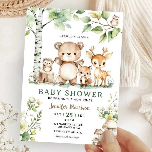 Invitation Bois Baby shower animal mignon Forêt Aquarelle (Créateur téléchargé)