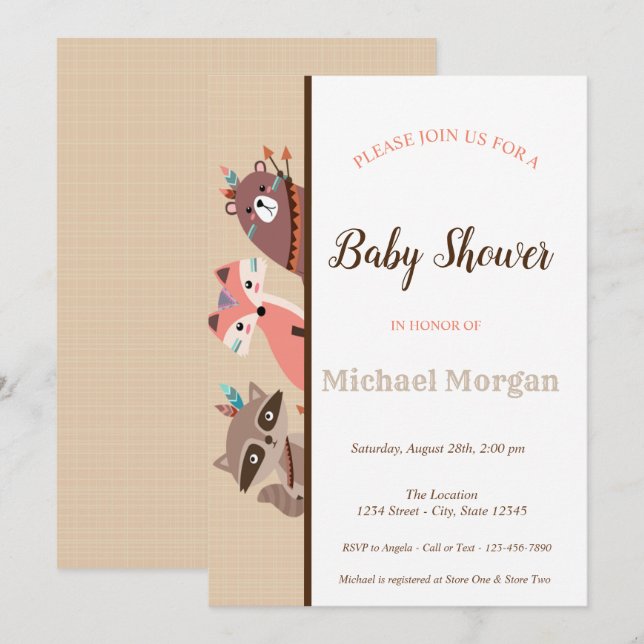 Invitation Bois Baby shower Animaux forestiers (Devant / Derrière)