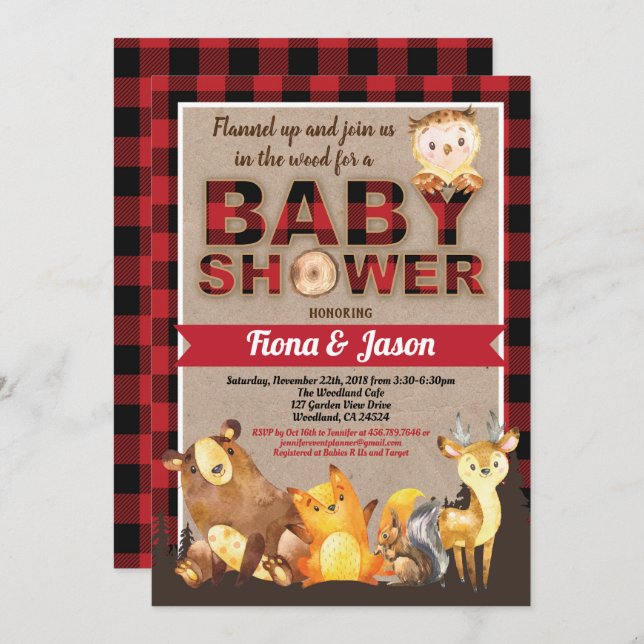 Invitation Bois baby shower bûcheron rouge plaid (Devant / Derrière)
