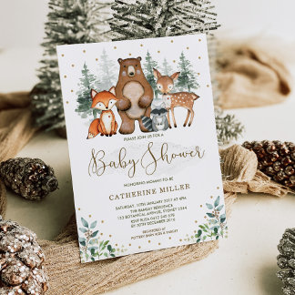Invitation Bois Baby shower Forêt Animaux Verdure Or