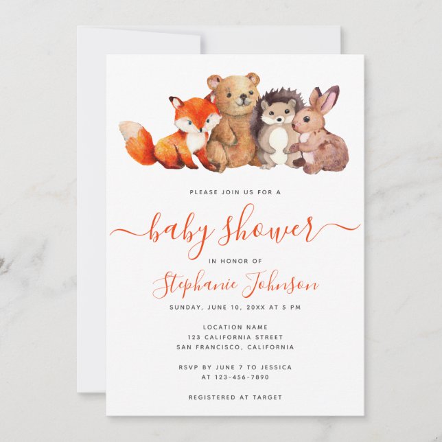 Invitation Bois Baby shower mignon Aquarelle Animaux (Devant)