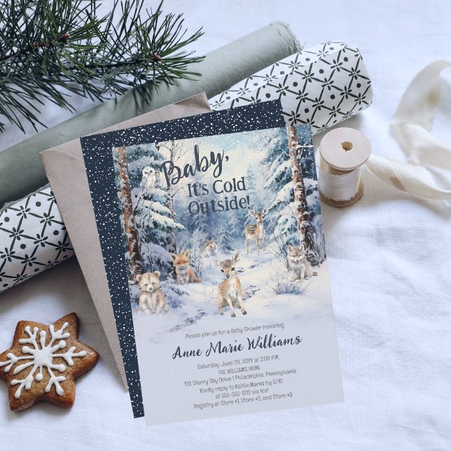 Invitation Bois Bébé Animaux Hiver Baby shower garçon (Blue Rustic Woodland Animals Baby It's Cold Outside Boy Baby Shower Invitation)