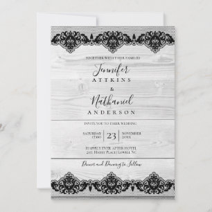 Invitation Bois Blanc Dentelle Noire Élégant Rustique