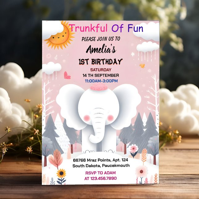 Invitation Bois Blanc Eléphant Anniversaire Premier 1er Anniv (Créateur téléchargé)
