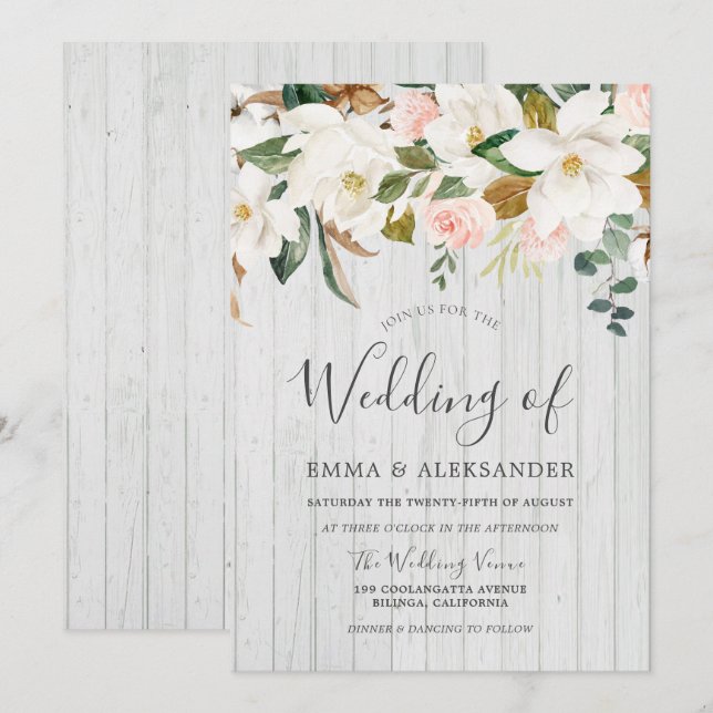 Invitation Bois blanc rustique Bleu & Mariage Floral blanc (Devant / Derrière)