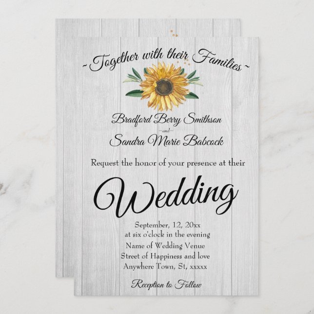 Invitation Bois blanc rustique, Mariage de tournesol doré en (Devant / Derrière)
