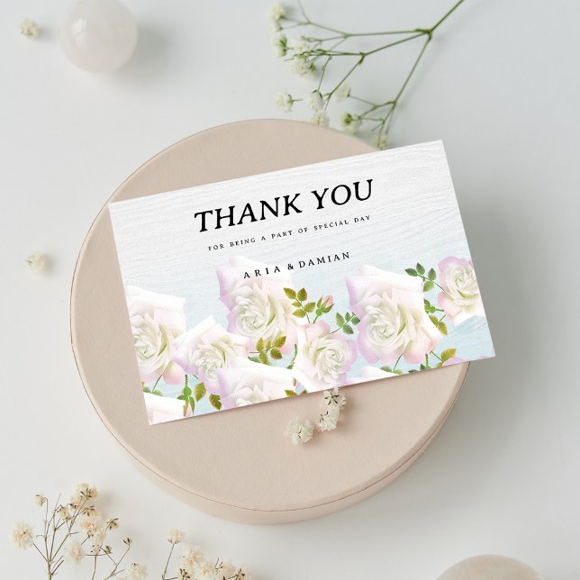 Invitation Bois blanc rustique menthe rose rose Merci (Rustic white wood pink mint roses Thank You )