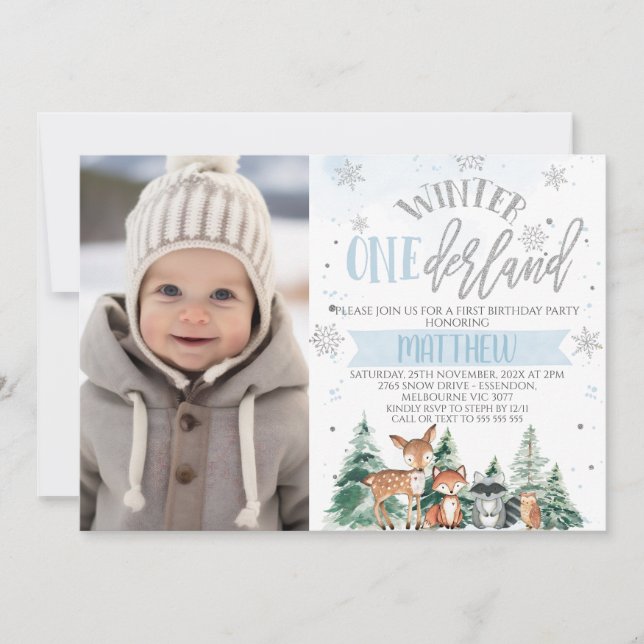 Invitation Bois Bleu Et Argent Onederland 1er Anniversaire (Devant)