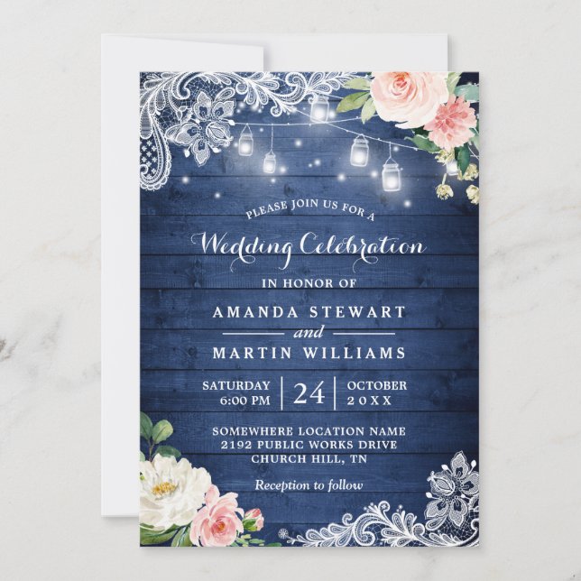 Invitation Bois bleu rustique éclaire le Mariage floral (Devant)