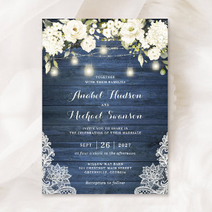 Invitation Bois bleu rustique Fleurs blanches dentelle Mason 