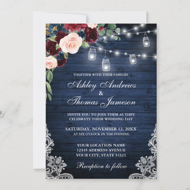 Invitation Bois bleu rustique Jarres Burgundy Bleu Mariage Fl (Devant)