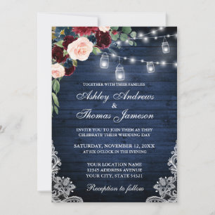 Invitation Bois bleu rustique Jarres Burgundy Bleu Mariage Fl