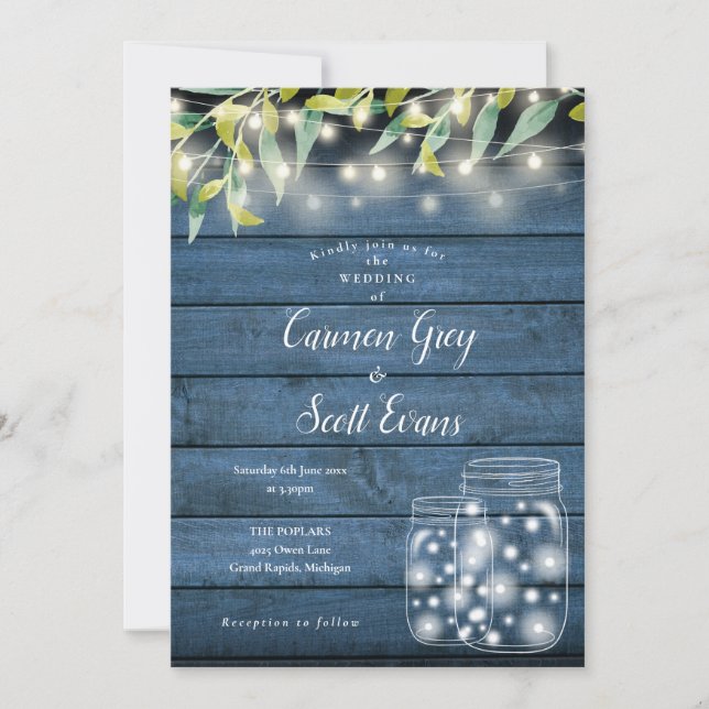 Invitation Bois bleu vert Mason Jar String Mariage (Devant)